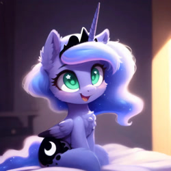 Size: 3072x3072 | Tagged: safe, editor:nightluna, imported from derpibooru, princess luna, alicorn, pony, ai content, ai generated, cheek fluff, chest fluff, crown, cute, ear fluff, eyebrows, eyelashes, female, filly, filly luna, generator:purplesmart.ai, generator:stable diffusion, high res, jewelry, leg fluff, lunabetes, open mouth, open smile, prompter:nightluna, regalia, sitting on bed, smiling, solo, starry eyes, wingding eyes, wings, younger