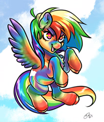 Size: 2476x2909 | Tagged: safe, artist:opalacorn, imported from derpibooru, rainbow dash, pegasus, pony, ear fluff, female, flying, mare, open mouth, open smile, signature, smiling, smirk, solo, spread wings, the worlds rainbowest dash, wings