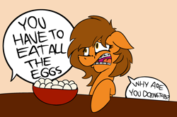 Size: 1280x851 | Tagged: safe, artist:cowsrtasty, imported from derpibooru, oc, oc:venus spring, pony, unicorn, bowl, braces, confused, dialogue, egg, meme, offscreen character, solo, speech bubble, venus spring having a bad time, you have to eat all the eggs