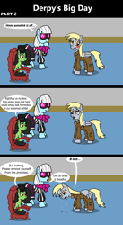 Size: 1920x3516 | Tagged: safe, artist:platinumdrop, imported from derpibooru, derpy hooves, photo finish, oc, oc:filly anon, earth pony, pegasus, pony, comic:derpy's big day, 3 panel comic, blushing, chair, clothes, comic, commission, crying, dialogue, dress, female, filly, food, hat, monocle, muffin, scrunchy face, speech bubble, sunglasses, wings