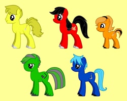 Size: 814x652 | Tagged: safe, artist:s233220, imported from derpibooru, earth pony, pony, pony creator, bob the builder, crossover, dizzy (bob the builder), female, g4, lofty (bob the builder), male, mare, muck (bob the builder), ponified, roley, rule 85, scoop, simple background, smiling, stallion, yellow background