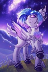 Size: 3000x4500 | Tagged: safe, artist:shad0w-galaxy, imported from derpibooru, oc, oc only, oc:nebula, firefly (insect), pegasus, pony, chest fluff, coat markings, commission, ear fluff, ethereal mane, four ears, high res, hooves, mountain, mountain range, raised hoof, short tail, sky, smiling, solo, starry eyes, starry mane, stars, tail, unshorn fetlocks, wing fluff, wingding eyes, wings, ych result
