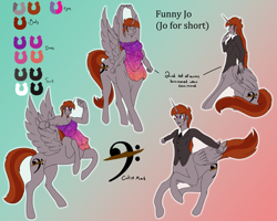 Size: 5927x4738 | Tagged: safe, artist:bryony6210, imported from derpibooru, oc, oc only, oc:funny jo, alicorn, centaur, taur, equestria girls, alitaur, business suit, centaur oc, clothes, dress, eyes closed, female, four arms, gradient background, heterochromia, horn, jacket, long hair, long horn, looking at you, multiple arms, raised hoof, reference sheet, sitting, smiling, solo, strapless, stretching, suit