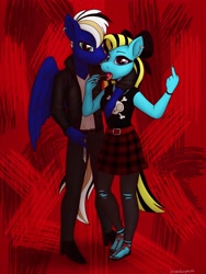 Size: 3000x4000 | Tagged: safe, artist:incendiarymoth, imported from derpibooru, oc, oc only, oc:cuteamena, oc:electric blue, anthro, earth pony, pegasus, plantigrade anthro, abstract background, commission, couple, duo, electricute, feet, goth, jewelry, knife, licking, middle finger, piercing, sandals, tongue out, tongue piercing, vulgar