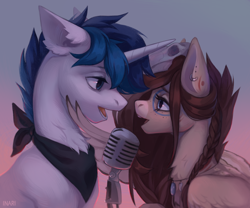 Size: 3600x3000 | Tagged: safe, artist:inarimayer, imported from derpibooru, oc, oc only, oc:blueberrypi, oc:ondrea, pegasus, pony, unicorn, chest fluff, freckles, gradient background, microphone
