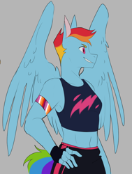 Size: 596x789 | Tagged: safe, artist:superduperath, imported from derpibooru, rainbow dash, anthro, pegasus, armband, clothes, fingerless gloves, gloves, grin, midriff, pride flag, smiling, solo, tanktop