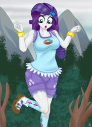 Size: 1280x1761 | Tagged: safe, artist:lennondash, imported from derpibooru, rarity, equestria girls, boots, bracelet, breasts, busty rarity, camp everfree outfits, clothes, cutie mark on clothes, eyeshadow, hairpin, jewelry, makeup, marshmelodrama, mud, muddy, rain, rarity being rarity, shirt, shoes, shorts, socks, solo