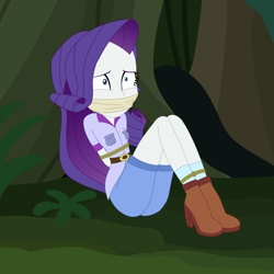 Size: 2000x2000 | Tagged: safe, artist:splendidbondage, imported from derpibooru, rarity, human, dance magic, equestria girls, spoiler:eqg specials, arm behind back, bondage, bound and gagged, cloth gag, gag, imagine spot, rope, rope bondage, sitting, solo, tied up