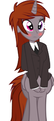 Size: 897x2000 | Tagged: safe, artist:razoruniboop, edit, imported from derpibooru, oc, oc only, oc:funny jo, alicorn, centaur, taur, equestria girls, alitaur, blushing, business suit, centaur oc, clothes, female, four arms, frown, hands in front of body, heterochromia, horn, multiple arms, necktie, sad, simple background, solo, transparent background, wings