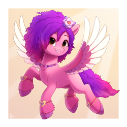 Size: 2000x2000 | Tagged: safe, artist:luminousdazzle, imported from derpibooru, pegasus, pony, spoiler:bridlewoodstock, spoiler:my little pony: make your mark chapter 4, adoruby, bracelet, brown eyes, colored wings, curly mane, female, flower, flower in hair, flying, g5, grin, hoof fluff, jewelry, mare, multicolored wings, my little pony: make your mark, my little pony: make your mark chapter 4, necklace, ruby jubilee, simple background, smiling, solo, spread wings, that was fast, unshorn fetlocks, wings