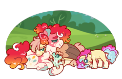 Size: 1335x863 | Tagged: safe, artist:queerhorses, imported from derpibooru, fluttershy, pinkie pie, oc, oc:buttercream, oc:carpet moth, pony, alternate design, female, filly, flutterpie, foal, lesbian, lying down, magical lesbian spawn, offspring, parent:fluttershy, parent:pinkie pie, parents:flutterpie, prone, shipping, simple background, transparent background
