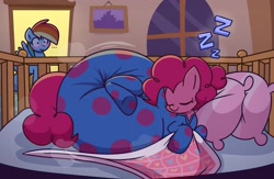 Size: 2929x1904 | Tagged: safe, artist:shslsadcat, imported from derpibooru, pinkie pie, rainbow dash, earth pony, pegasus, pony, ..., adult foal, bedroom, blanket, blushing, clothes, crib, diaper, diaper fetish, diaper under clothes, doorway, duo, duo female, eyes closed, female, fetish, footed sleeper, footie pajamas, high res, impossibly large diaper, mare, onesie, onomatopoeia, pajamas, pillow, pinpoint eyes, poofy diaper, sleeping, sound effects, spread wings, wingboner, wings, zzz
