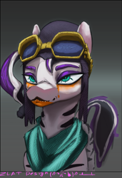 Size: 2836x4148 | Tagged: safe, artist:zlatdesign, imported from derpibooru, oc, oc only, oc:catalina fairchild, zebra, bandana, bust, clothes, glasses off, glowing, glowing eyes, gradient background, helmet, painted, solo, steampunk, tail