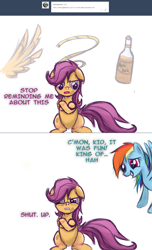 Size: 1280x2104 | Tagged: safe, artist:redheadfly, imported from derpibooru, rainbow dash, scootaloo, pony, bandaid, bottle, older, tumblr:ask-adultscootaloo
