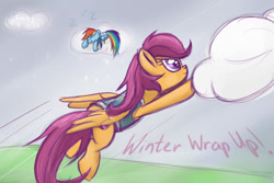 Size: 1200x800 | Tagged: safe, artist:redheadfly, imported from derpibooru, rainbow dash, scootaloo, pegasus, pony, winter wrap up, clothes, cloud, cloud moving, duo, eyes closed, female, flying, folded wings, lying down, mare, older, older scootaloo, on a cloud, onomatopoeia, prone, scootaloo can fly, sleeping, sleeping on a cloud, sleepydash, smiling, sound effects, spread wings, the cmc's cutie marks, tumblr:ask-adultscootaloo, vest, weather team, wings, winter wrap up vest, zzz