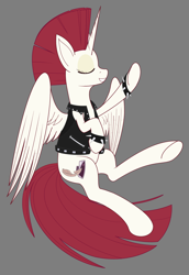 Size: 3248x4720 | Tagged: safe, alternate version, artist:modera, imported from derpibooru, oc, oc:fausticorn, alicorn, pony, alternate hairstyle, clothes, eyes closed, gray background, leather, leather vest, ms paint, partially open wings, simple background, solo, spiked wristband, vest, wings, wristband