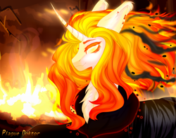 Size: 3798x3000 | Tagged: safe, artist:hell-fire13, imported from derpibooru, oc, oc only, pony, unicorn, bust, chest fluff, glowing, glowing eyes, male, solo, stallion