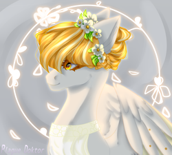 Size: 3064x2760 | Tagged: safe, artist:hell-fire13, imported from derpibooru, oc, oc only, pegasus, pony, bust, clothes, female, floral head wreath, flower, mare, pegasus oc, solo