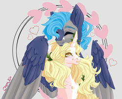 Size: 3672x3000 | Tagged: safe, artist:hell-fire13, imported from derpibooru, oc, oc only, pegasus, pony, unicorn, abstract background, colored wings, duo, female, heart, horn, hug, male, mare, oc x oc, pegasus oc, shipping, signature, stallion, straight, two toned wings, unicorn oc, wings