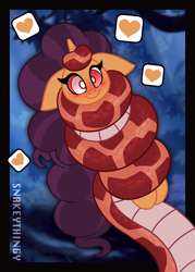 Size: 2000x2800 | Tagged: safe, artist:snakeythingy, imported from derpibooru, saffron masala, oc, oc:sketchy dupe, lamia, pony, snake, unicorn, blushing, bondage, coiling, coils, heart, hypno eyes, hypnosis, implied oc, lamiafied, offscreen character, smiling, species swap