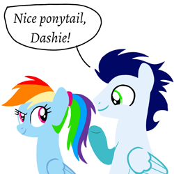 Size: 1400x1400 | Tagged: safe, artist:mlplary6, imported from derpibooru, rainbow dash, soarin', pegasus, pony, alternate hairstyle, female, looking at each other, looking at someone, male, mare, ponytail, shipping, simple background, smiling, soarindash, stallion, straight, text, white background