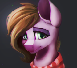 Size: 1050x923 | Tagged: safe, artist:minckies, imported from derpibooru, oc, oc only, earth pony, pony, bust, clothes, dark background, earth pony oc, scarf, smiling, solo