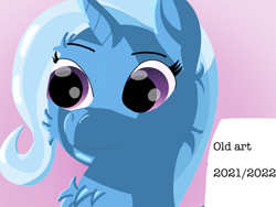 Size: 2048x1536 | Tagged: safe, artist:the crystal artist, imported from derpibooru, trixie, pony, unicorn, 2021, 2022, bad drawing, bad shading, crappy art, eyebrows, fail, female, gradient background, mare, messy, old art, pink background, raised eyebrow, shading, simple background, smiling, solo, text, there was an attempt