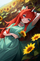Size: 1280x1920 | Tagged: safe, artist:astralblues, imported from derpibooru, oc, anthro, unicorn, clothes, dress, female, flower, solo, sunflower