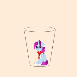 Size: 2048x2048 | Tagged: safe, artist:zugatti69, imported from derpibooru, oc, oc only, pony, unicorn, blue eyes, bowtie, cup, cup of pony, cute, eyebrows, eyebrows visible through hair, glass, heterochromia, micro, orange background, pink eyes, purple hair, sad, sadorable, simple background, sitting, smol, solo, tiny, tiny ponies