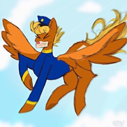 Size: 1080x1080 | Tagged: safe, artist:m0thz.155, imported from derpibooru, pegasus, pony, blonde, clothes, cloud, female, flying, hat, letter, mare, mouth hold, signature, simple background, sky background, solo, spread wings, swift reply, uniform, wings, xd