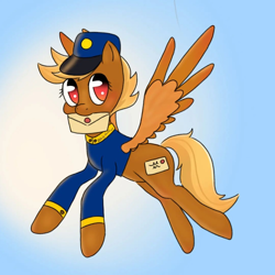 Size: 1080x1080 | Tagged: safe, artist:daily.shitfuck, imported from derpibooru, pegasus, pony, blonde, clothes, female, flying, hat, letter, looking at you, mare, mouth hold, red eyes, signature, simple background, solo, spread wings, swift reply, uniform, wings