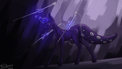 Size: 6400x3600 | Tagged: safe, artist:stardustspix, imported from derpibooru, oc, oc only, hybrid, pony, unicorn, abstract background, absurd resolution, black sclera, crossover, horn, levitation, looking back, magic, magic aura, no mouth, ponified, purple coat, rain world, slugcat, solo, spear, sternocleidomastoid, telekinesis, thin, video game, weapon