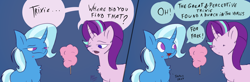 Size: 3694x1207 | Tagged: safe, artist:artsy madraw, imported from derpibooru, starlight glimmer, trixie, pony, unicorn, 2 panel comic, :i, blood, bloody mouth, comic, dialogue, dot eyes, duo, female, fiberglass, inconvenient trixie, insulation, magic, mare, open mouth, open smile, smiling, speech bubble, telekinesis, this will end in hospitalization, this will end in pain, this will not end well, too dumb to live