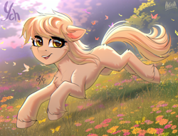 Size: 3800x2900 | Tagged: safe, artist:hakaina, imported from derpibooru, butterfly, earth pony, pony, backlighting, bounding, butt fluff, cheek fluff, chest fluff, colored, commission, concave belly, cute, eyelashes, female, female symbol, field, floppy ears, flower, galloping, golden eyes, grass, high res, hoof fluff, hooves, in air, leg fluff, lighting, looking at you, male symbol, mare, meadow, open mouth, open smile, running, scenery, shading, signature, slim, smiling, smiling at you, solo, teeth, thin, three quarter view, unshorn fetlocks, ych sketch, yellow eyes, your character here