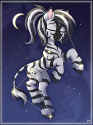 Size: 2400x3240 | Tagged: safe, artist:hakaina, imported from derpibooru, oc, oc only, zebra, colored, commission, concave belly, constellation, ear fluff, eyes closed, facial markings, female, floating, frame, high res, hooves, jewelry, leg fluff, leonine tail, mare, moon, necklace, night, night sky, scrunchie, shading, signature, sky, slim, solo, starry sky, stars, striped mane, tail, thin, unshorn fetlocks, ych result, zebra oc