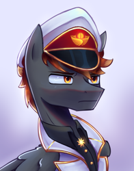 Size: 2226x2840 | Tagged: safe, artist:opal_radiance, imported from derpibooru, oc, oc only, pegasus, pony, equestria at war mod, bust, captain hat, clothed ponies, clothes, commission, gradient background, mod, pegasus oc, solar empire, solo, sternocleidomastoid, uniform, white suit