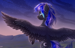 Size: 2500x1609 | Tagged: safe, artist:hakaina, imported from derpibooru, oc, oc only, oc:rainfall (zeepurplefox), pegasus, pony, back, beautiful, blurry background, butt, colored, commission, commissioner:zeepurplefox, concave belly, ear fluff, female, flying, freckles, high res, hoof fluff, hooves, leg fluff, looking away, looking forward, looking up, mare, mountain, mountain range, outdoors, outline, plot, rear view, scenery, shading, signature, solo, spine, spread wings, star freckles, starry wings, stars, turquoise eyes, twilight (astronomy), underhoof, unshorn fetlocks, wings, ych result