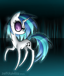 Size: 3120x3700 | Tagged: safe, artist:zeffdakilla, imported from derpibooru, dj pon-3, vinyl scratch, pony, unicorn, concave belly, digital art, female, glasses, gradient background, no mouth, no nose, pencil drawing, pointy legs, raised hoof, solo, soundwave, standing, thin, thin legs, traditional art, turned head