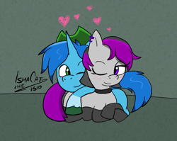 Size: 1065x849 | Tagged: safe, artist:ismazhecat, imported from derpibooru, oc, oc only, oc:pumbi steps, earth pony, pony, unicorn, ashes town, clothes, doodle, female, hat, heart, jewelry, looking at each other, looking at someone, male, mare, necklace, oc x oc, shipping, simple background, socks, stallion, straight