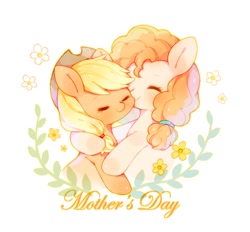 Size: 950x880 | Tagged: safe, artist:yinyan_0409, imported from derpibooru, applejack, pear butter, earth pony, pony, applejack's hat, cowboy hat, cute, duo, eyes closed, female, flower, hat, hug, jackabetes, mare, mother and child, mother and daughter, mother's day, pearabetes, simple background, smiling, white background