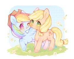 Size: 850x674 | Tagged: safe, artist:yinyan_0409, imported from derpibooru, applejack, rainbow dash, earth pony, pegasus, pony, accessory swap, appledash, applejack's hat, cowboy hat, cute, dashabetes, duo, female, flower, grass, hat, jackabetes, lesbian, looking at you, mare, one eye closed, open mouth, open smile, shipping, simple background, smiling, smiling at you, spread wings, white background, wings, wink, winking at you