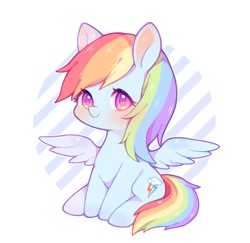 Size: 1183x1149 | Tagged: safe, artist:yinyan_0409, imported from derpibooru, rainbow dash, pegasus, pony, abstract background, blushing, colored pinnae, colored pupils, cute, dashabetes, female, looking at you, mare, sitting, smiling, smiling at you, solo, spread wings, white background, wings