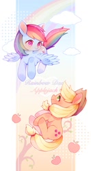 Size: 800x1500 | Tagged: safe, artist:yinyan_0409, imported from derpibooru, applejack, rainbow dash, earth pony, pegasus, pony, apple, appledash, applejack's hat, cloud, cowboy hat, cute, dashabetes, duo, female, flying, food, hat, jackabetes, lesbian, mare, rainbow, shipping, spread wings, wings