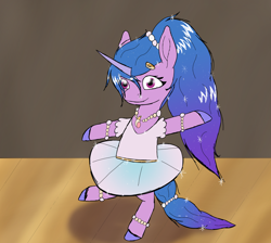 Size: 1900x1700 | Tagged: safe, artist:the crystal artist, derpibooru exclusive, imported from derpibooru, part of a set, izzy moonbow, pony, unicorn, series:the grand equestria talent show, alternate hairstyle, balancing on one hoof, ballet, bracelet, clothes, context in description, cute, dancing, dialogue in the description, female, g5, hairclip, izzybetes, jewelry, looking at you, mare, necklace, part of a series, ponytail, smiling, solo, sparkles, sparkly mane, stage, talent show, tutu