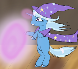 Size: 1900x1700 | Tagged: safe, artist:the crystal artist, derpibooru exclusive, imported from derpibooru, part of a set, trixie, pony, unicorn, series:the grand equestria talent show, bipedal, cape, clothes, context in description, dancing, dialogue in the description, female, glowing, glowing horn, grin, hat, horn, magic, mare, part of a series, smiling, solo, stage, talent show, trixie's cape, trixie's hat, windswept mane