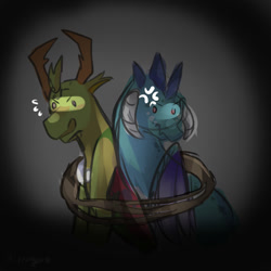 Size: 1024x1024 | Tagged: safe, imported from derpibooru, princess ember, thorax, changedling, changeling, dragon, bondage, bound together, cross-popping veins, emanata, embrax, female, kidnapped, male, shipping, straight, sweat, sweatdrops