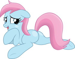 Size: 2354x1844 | Tagged: safe, artist:tankman, imported from derpibooru, oc, oc only, oc:water lilly, earth pony, pony, blue eyes, blue skin, blushing, butt, embarrassed, female, looking at you, mare, pink mane, pink tail, plot, simple background, smiling, smiling at you, solo, tail, transparent background