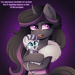 Size: 3000x3000 | Tagged: safe, artist:madelinne, imported from derpibooru, oc, oc only, oc:mimicry, changeling, pony, zebra, baby, baby pony, clothes, duo, holding a pony, horn, purple changeling, text