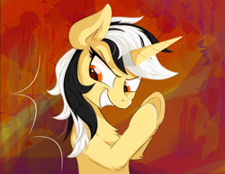 Size: 1714x1325 | Tagged: safe, artist:行豹cheetahspeed, imported from derpibooru, oc, oc only, oc:autumn trace, unicorn, black and white mane, evil grin, facial expressions, grin, horn, orange eyes, red background, simple background, smiling, yellow skin