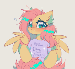 Size: 1950x1775 | Tagged: safe, artist:mirtash, imported from derpibooru, fluttershy, pegasus, pony, anxiety, clothes, crying, ear fluff, looking at you, shirt, simple background, solo, spread wings, t-shirt, wings